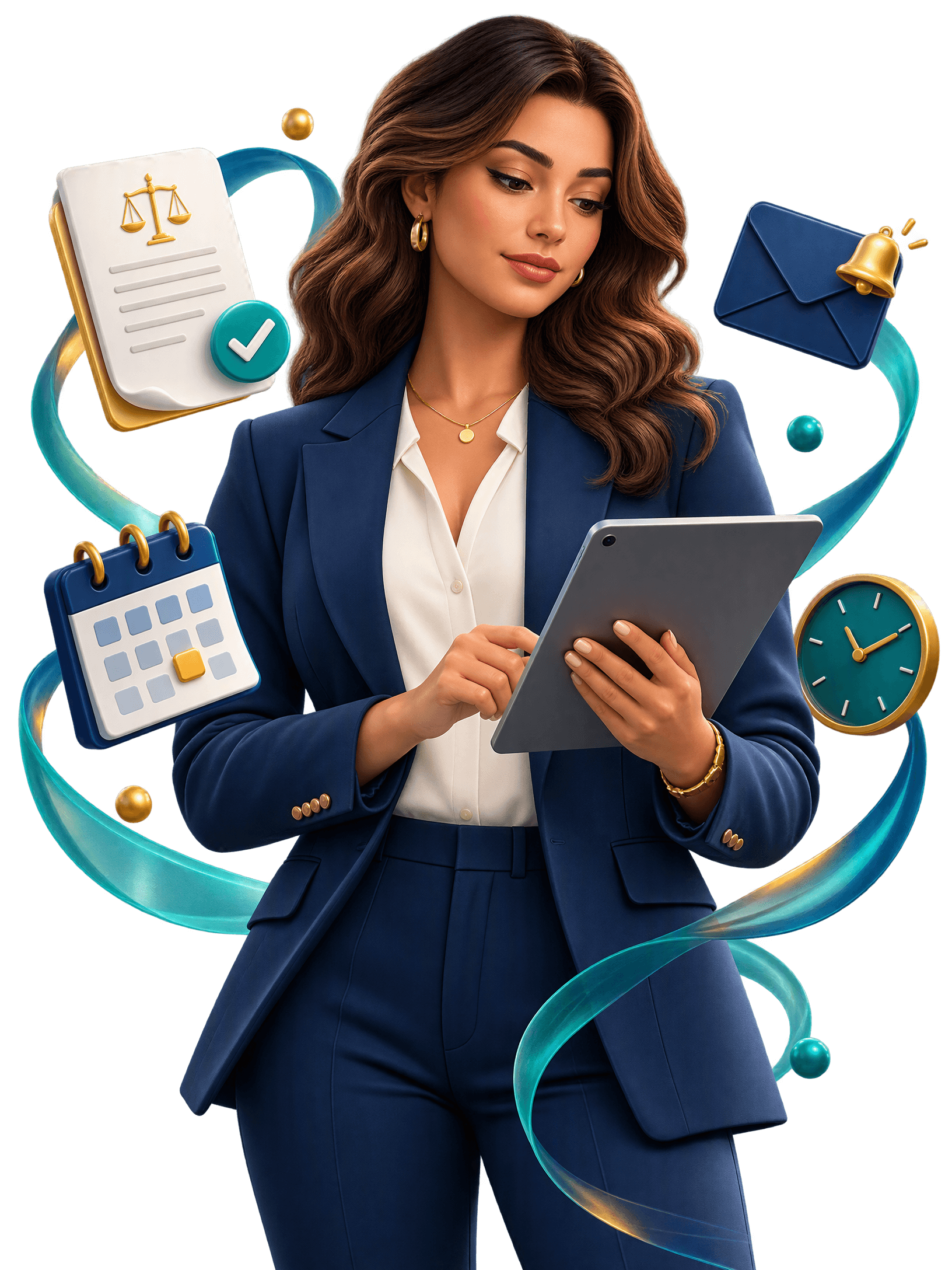 Assistente jurídica com tablet, calendário, publicação e alertas